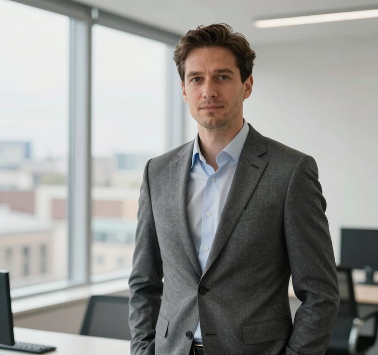 A professional portrait of a male financial advisor in a tailored grey suit, standing in a bright, minimal Luxembourgish office. Large windows show a blurred cityscape. The lighting is soft and natural, emphasizing a trustworthy and calm expression. Colors include off white and slate blue.
