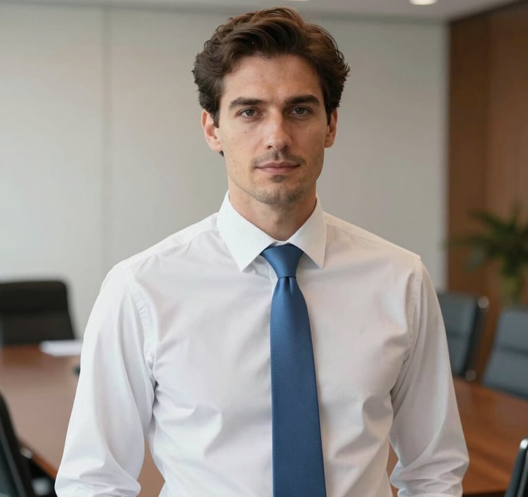 Portrait of an elegant man in a minimalist professional setting. He is wearing a crisp white shirt and a slate blue tie. The composition is clean and premium, with a soft-focus view of a high-end Luxembourg boardroom in the background.