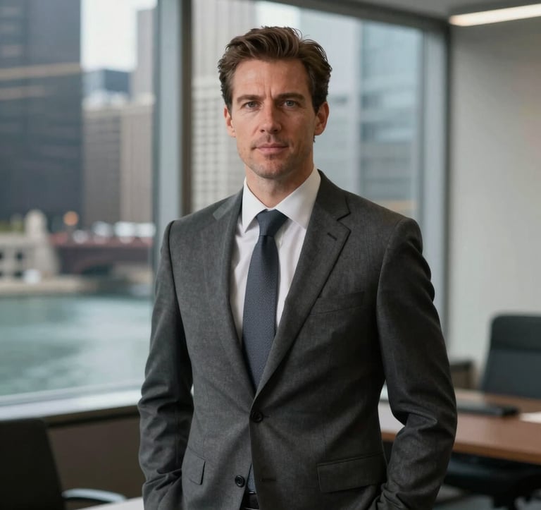 Professional portrait of a distinguished man, Julian Sterling, in a charcoal tailored suit. He is standing in a sleek office with a view of the Chicago River. The mood is one of quiet confidence and expertise.