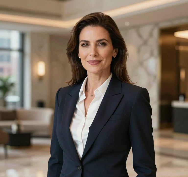Professional portrait of a sophisticated woman, Elena Rossi, with a warm but authoritative presence. She is in a high-end Gold Coast lobby with soft lighting, marble accents, and a hint of the Chicago streetscape in the blurred background. Style is elegant and professional.