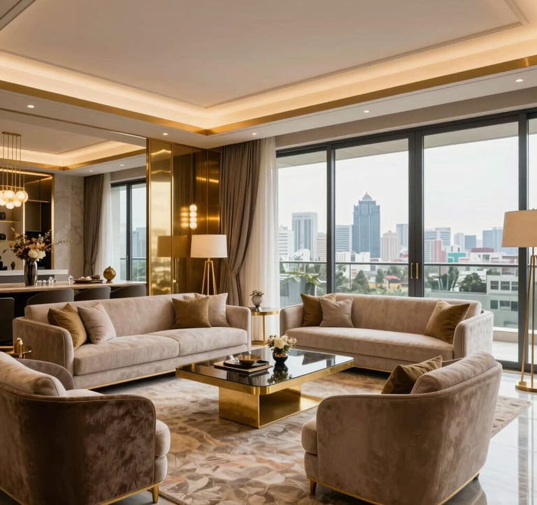 Photography of a high-end luxury apartment interior in New Gurgaon, featuring a spacious living room with gold accents, floor-to-ceiling windows showing a skyline, and contemporary South Asian designer furniture. The lighting is warm and inviting.