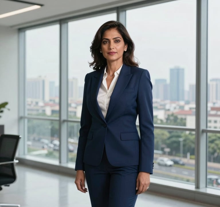A high-end professional portrait of a South Asian female real estate executive in her 40s, dressed in a sharp navy blue business suit. She is standing in a bright, modern office with floor-to-ceiling windows overlooking the Dwarka Expressway skyline in Gurgaon.