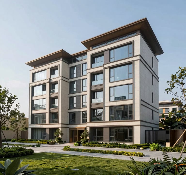 A photorealistic wide shot of a contemporary luxury housing project in New Gurgaon. The architecture features clean lines, large glass windows, and stone cladding, surrounded by professionally maintained gardens.