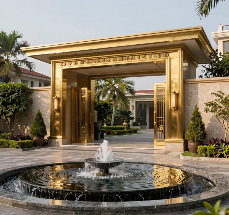 An exterior daytime photograph of a premier residential entrance in Gurgaon, showcasing a grand golden gate, manicured landscaping, and a sleek modern fountain, reflecting luxury and exclusivity.