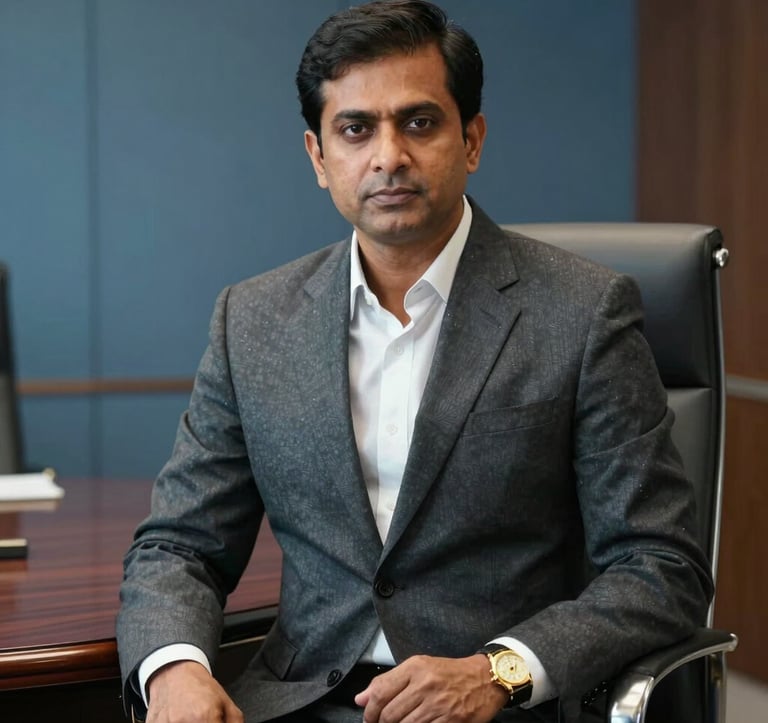 A high-end professional portrait of a South Asian male real estate director in his early 50s, wearing a tailored charcoal suit and a gold watch. He is seated in a luxury boardroom with muted blue walls and professional lighting.