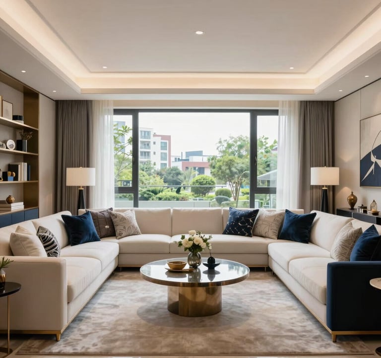 A bright, airy photography of a luxury show-home living room in Gurugram. High ceilings, designer furniture in off-white and navy tones, and a large window showcasing a green urban belt. The atmosphere is sophisticated and contemporary South Asian luxury.