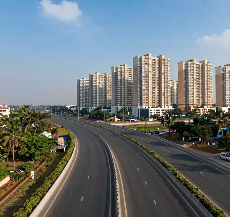 An expansive view of the modern Dwarka Expressway infrastructure in Gurgaon, showing a wide multi-lane road leading toward rising premium residential projects under a bright blue sky. The composition emphasizes urban growth and strategic connectivity in a South Asian context.