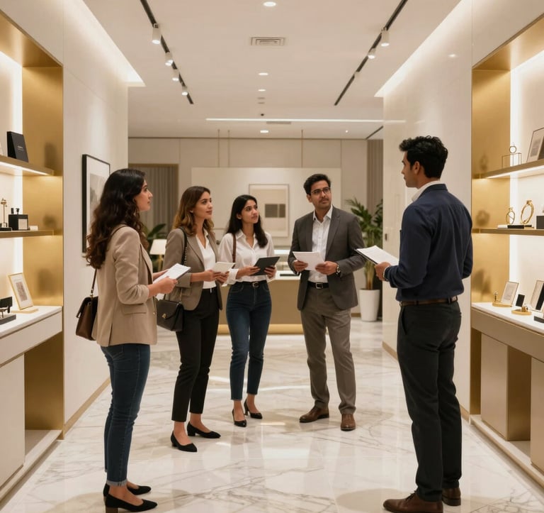 A high-end interior shot of a modern apartment sales gallery in Gurgaon. The space is minimalist and luxurious with off-white marble floors, gold-leaf accents, and professional South Asian consultants discussing property models with clients in a well-lit, professional environment.