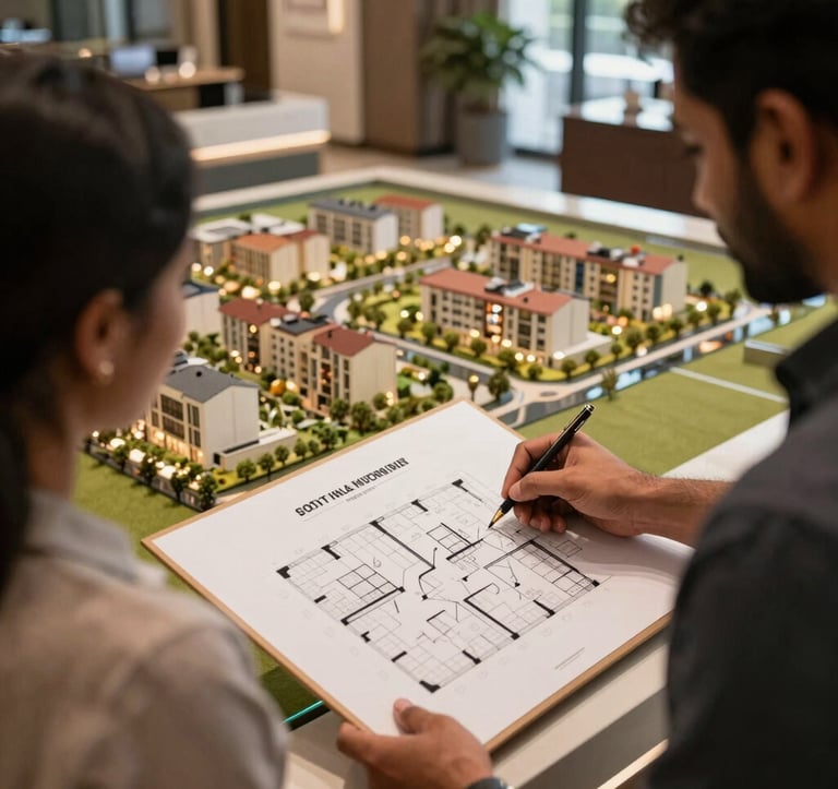A close-up of a sophisticated South Asian / Indian interior designer showing floor plans to a couple in a high-end property sales gallery in Gurgaon. The background shows a detailed architectural scale model of a modern township.