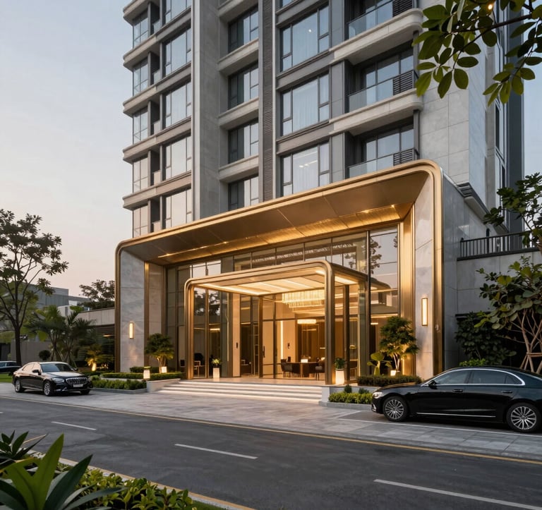 Exterior architectural photography of a premium residential complex on Golf Course Extension Road in Gurgaon. The shot includes a sophisticated glass-fronted lobby and a grand driveway with luxury cars. Soft evening lighting highlights the gold finishings and lush South Asian landscaping.