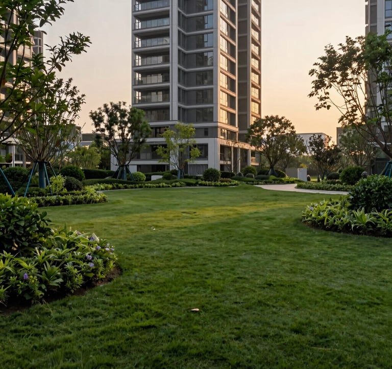 Photography of a lush, manicured green park within a luxury residential complex in Golf Course Extension Road, Gurugram. The background features a modern architectural residential tower with clean lines, warm evening light, and high-end South Asian landscaping.