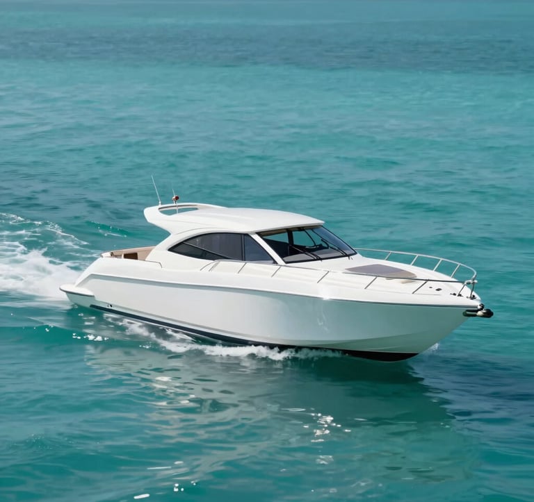 A sleek, modern white motor boat cutting through turquoise water. The design is aerodynamic and elegant. The lighting is bright and clear, emphasizing the clean lines and premium craftsmanship. Water colors hint at #A8C6C5.