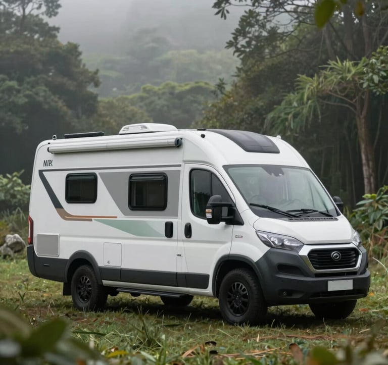 A sleek, custom-built off-road caravan positioned in a lush, misty forest clearing. The shot captures the rugged yet premium exterior design. Lighting is soft and natural. Incorporates brand colors #4A6D6C and #F2F7F6 in the caravan body and environment.