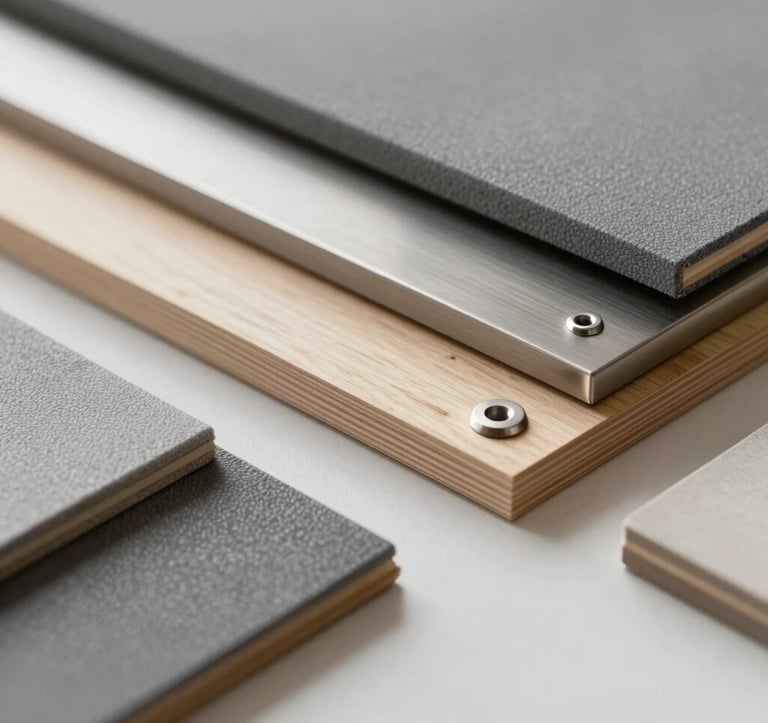 Close-up of premium materials used in production: high-grade marine plywood, brushed steel fixtures, and luxury upholstery samples. The composition is artistic and clean, highlighting the quality of the materials in #4A6D6C and #F2F7F6 tones.