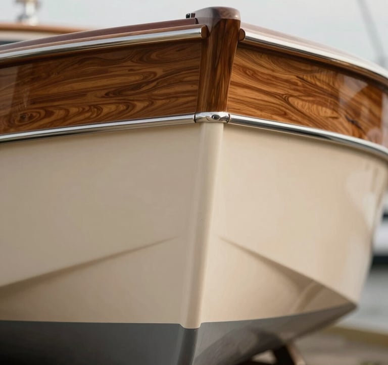 A close-up shot of a custom-built boat hull showing fine craftsmanship and premium wood textures, with a soft light highlighting the #4A6D6C and #F2F7F6 color palette. Clean and professional composition.