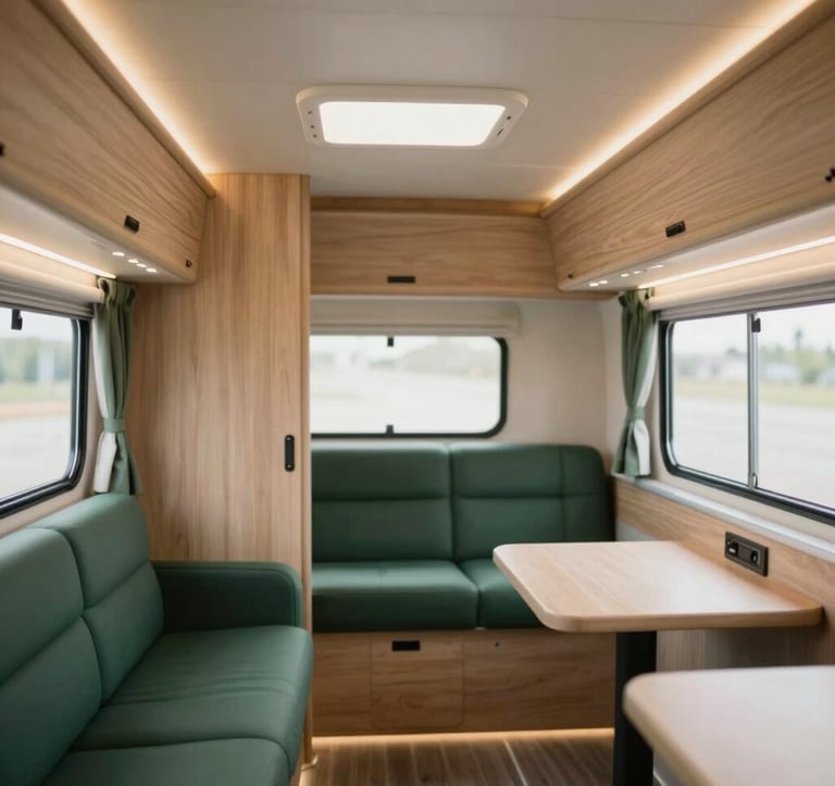 The interior of a bespoke luxury caravan featuring clean lines, light wood finishes (#F2F7F6), and sophisticated dark green (#1C3A3B) upholstery. The lighting is warm and inviting.