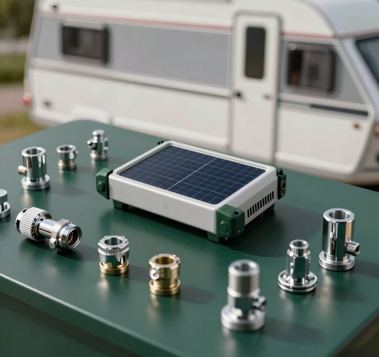 A collection of high-quality caravan and marine hardware, including solar controllers and polished chrome fittings, arranged neatly on a dark green (#1C3A3B) surface, reflecting a premium feel.