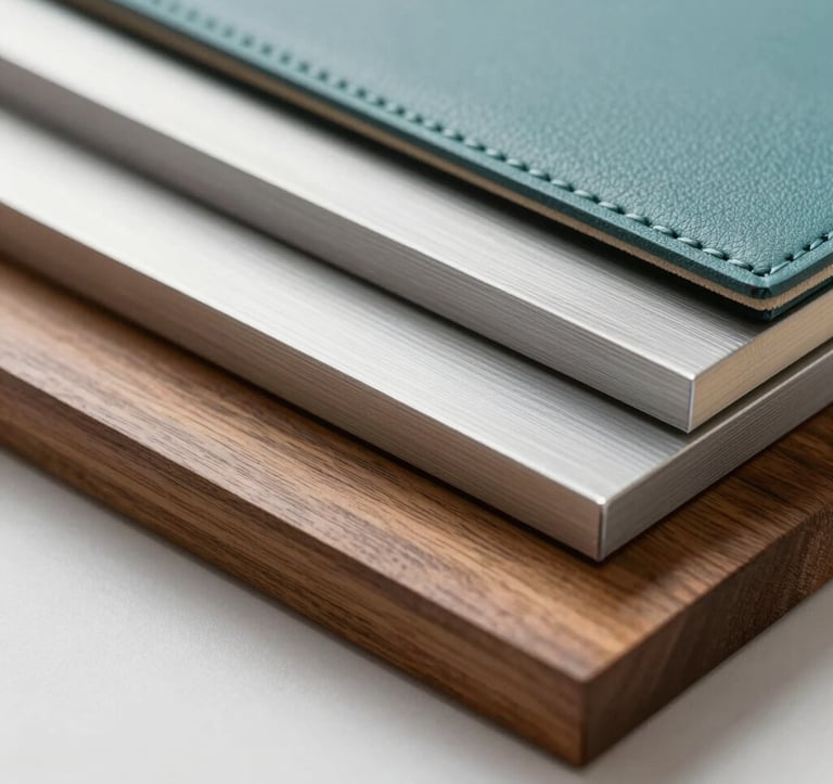 Close-up macro shot of high-quality maritime and caravan materials: a sample of polished teak wood, brushed aluminum, and marine-grade leather. Represents professional material sales service. Clean, studio lighting with a focus on texture and luxury. Colors: #A8C6C5, #4A6D6C.