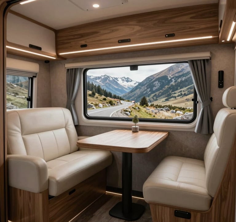 The interior of a high-end custom caravan, showcasing a minimalist and functional design. Polished wood surfaces, cream leather seating, and modern LED lighting. The view through the window shows a scenic mountain pass. Palette includes #1C3A3B and #F2F7F6.