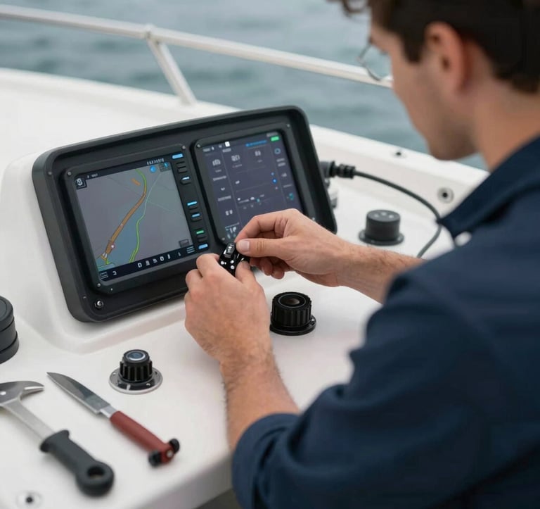A professional technician working on a boat dashboard, installing high-tech navigation equipment. The setting is a clean, modern workshop with organized tools. Lighting is focused and professional, reflecting expertise and quality.