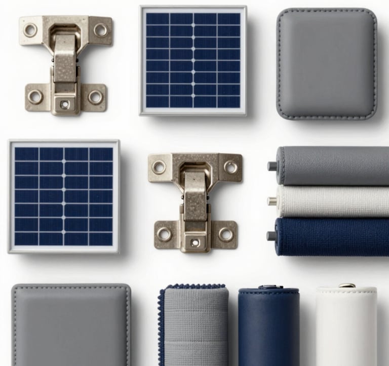 An organized display of high-quality maritime and caravan components, such as marine-grade hinges, solar panels, and specialized upholstery fabrics. The lighting is clean and professional, emphasizing textures. Colors reflect #4A6D6C and #1C3A3B.