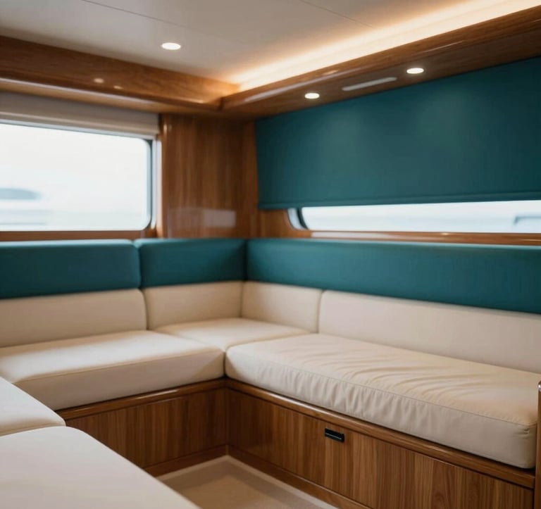 Interior detail of a luxury yacht cabin showing bespoke woodwork and premium finishes. The design is clean and modern, highlighting expert craftsmanship. Soft, warm ambient lighting. Color palette features deep teal accents (#1C3A3B) against light wood and cream textiles (#F2F7F6).
