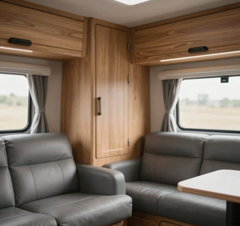 Close-up of a high-end caravan interior showing handcrafted wooden cabinetry and modern leather seating, illuminated by soft natural light. The style is minimalist and premium, featuring a color palette of #F2F7F6 and #4A6D6C accents.