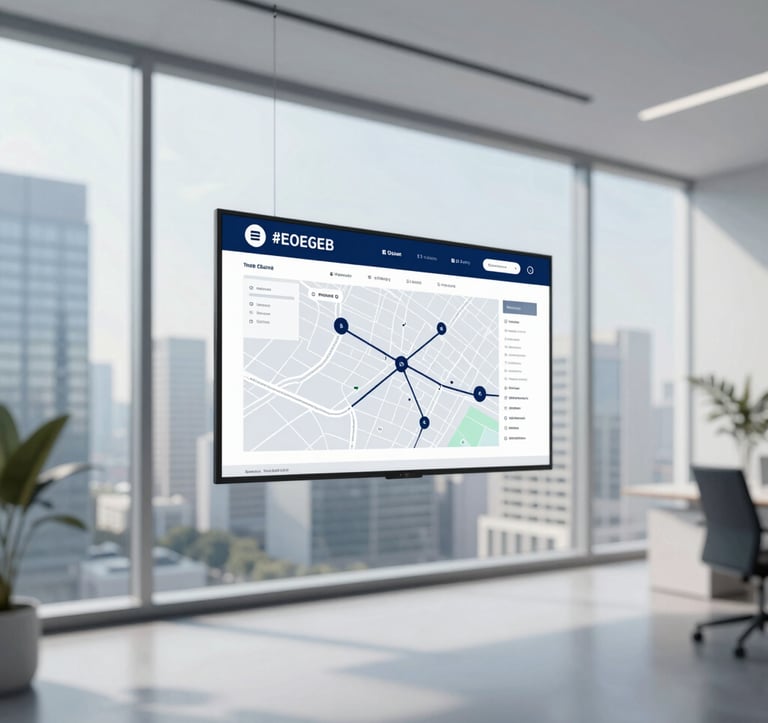 A high-end, bright corporate logistics office interior with floor-to-ceiling windows overlooking a modern cityscape. A digital screen shows a map of trade routes. Clean, professional, and airy. Colors: #E0E6EB, #4C6A89.