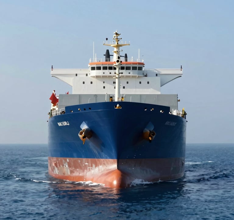 Close-up of a massive cargo ship's prow cutting through calm, deep blue water. The sun reflects off the metallic surface. Minimalist and powerful composition. Incorporates brand colors #0A1D34 and #4C6A89.