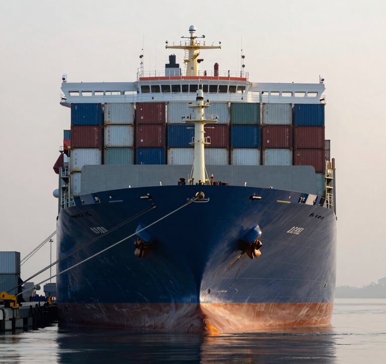 A sharp, eye-level photograph of a massive container ship docked at the port. The hull is a muted steel blue, accented by deep navy. The composition focuses on the sheer scale of the vessel against the pale mist morning sky, reflecting a sense of modern operational efficiency.