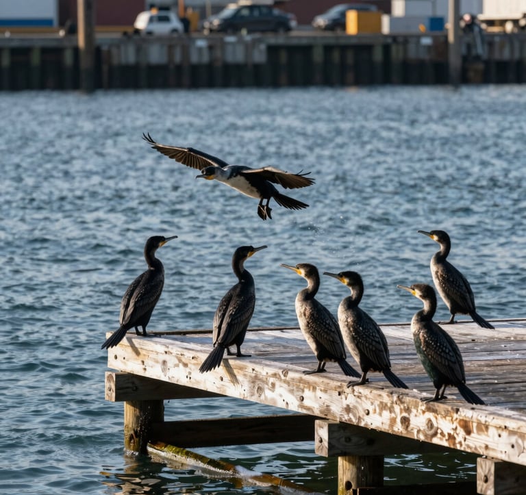 Action shot of a group of cormorants perched on a weathered wooden pier in the harbor. The water is a slate blue, and the lighting is crisp morning sun, highlighting the natural beauty within the industrial port environment.