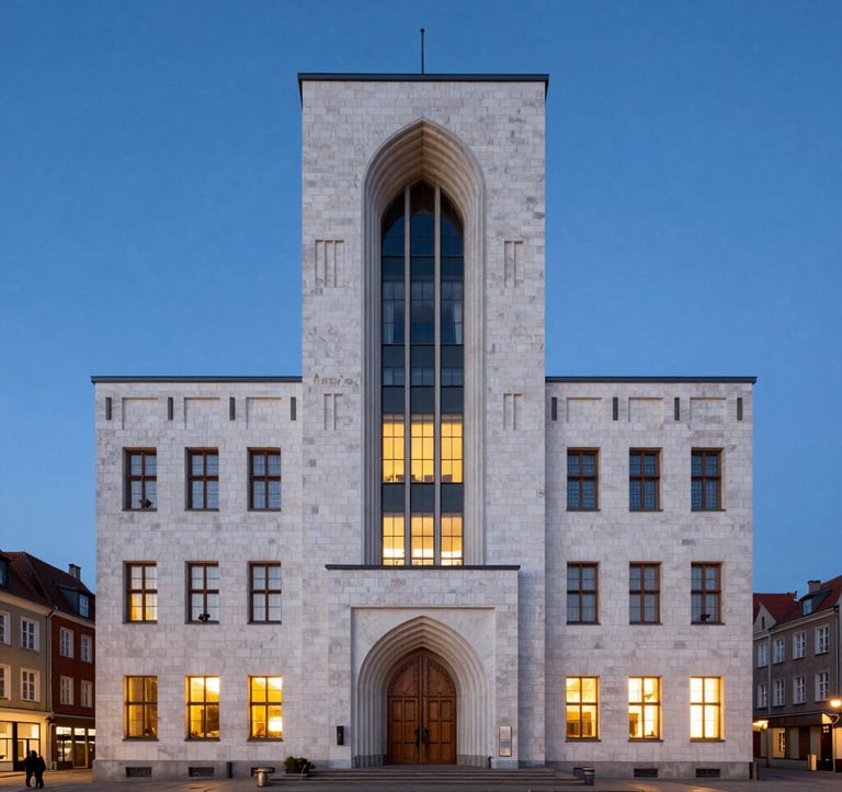 A stunning architectural photograph of the Zuraw (The Great Crane) in Gdansk. The structure is captured during the blue hour, with warm interior lights contrasting against the Slate Blue sky and Soft Frost White stonework nearby.