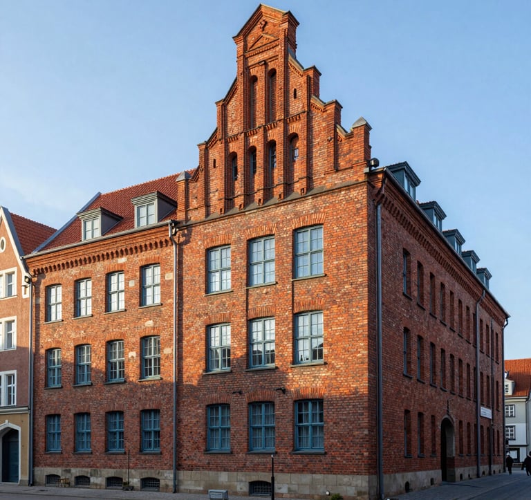 A professional architectural photograph of the historical brick administrative buildings at Gdansk Seaport. The red bricks are illuminated by a soft white morning sun, with dusty blue window frames and a clean, steel blue sky in the background.
