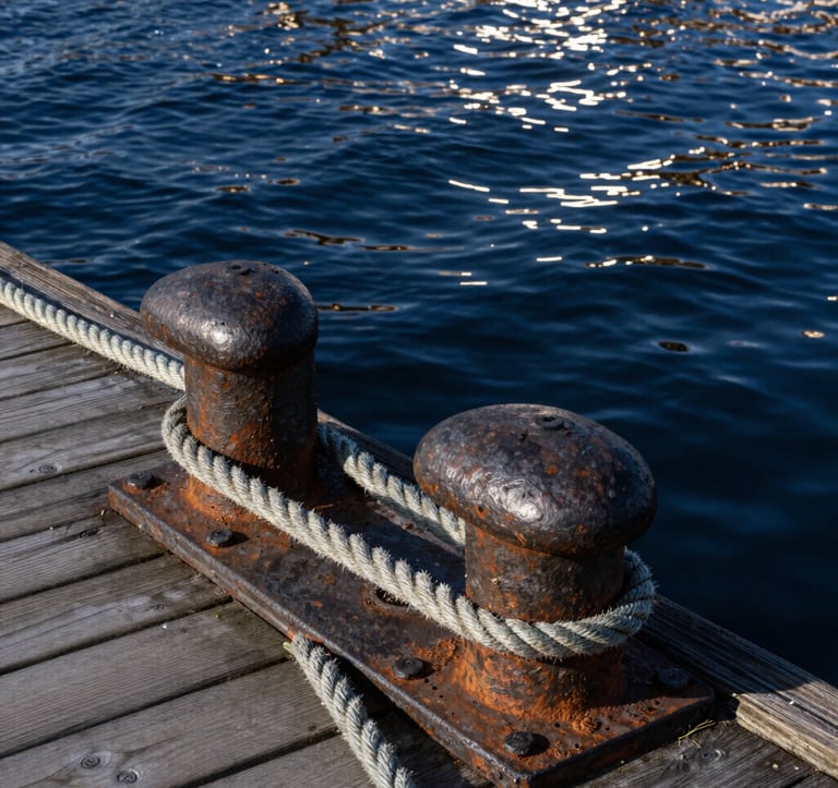 A close-up photograph of weathered iron bollards and thick ropes on a wooden pier in Gdansk. The water in the background is a deep Midnight Navy Blue, and the sunlight reflects a Soft Frost White glint off the ripples.