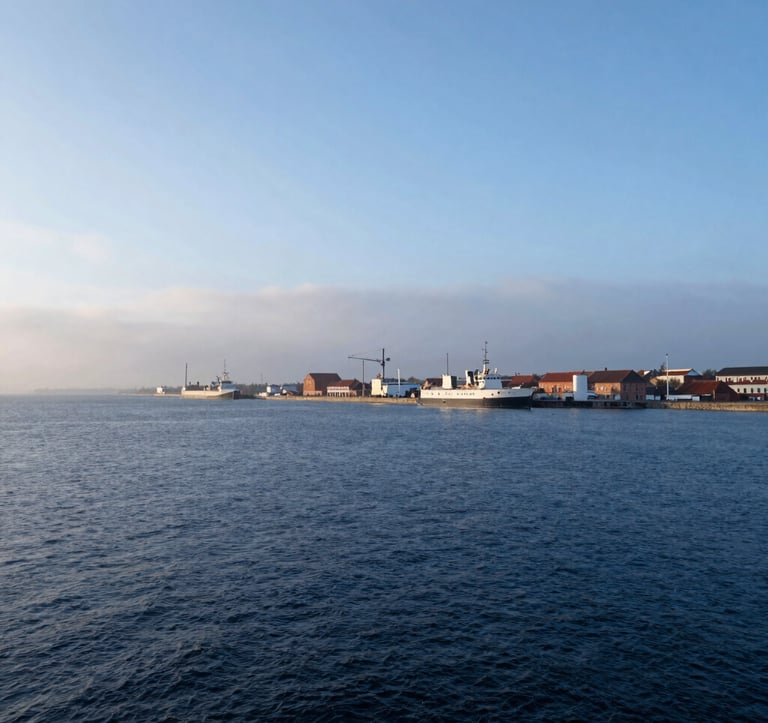 A serene photograph of the Gdansk coastline where the port meets the open sea. The water is a deep navy blue, contrasting with the soft misty blue and cloud white of the horizon. Elegant and inspiring perspective.