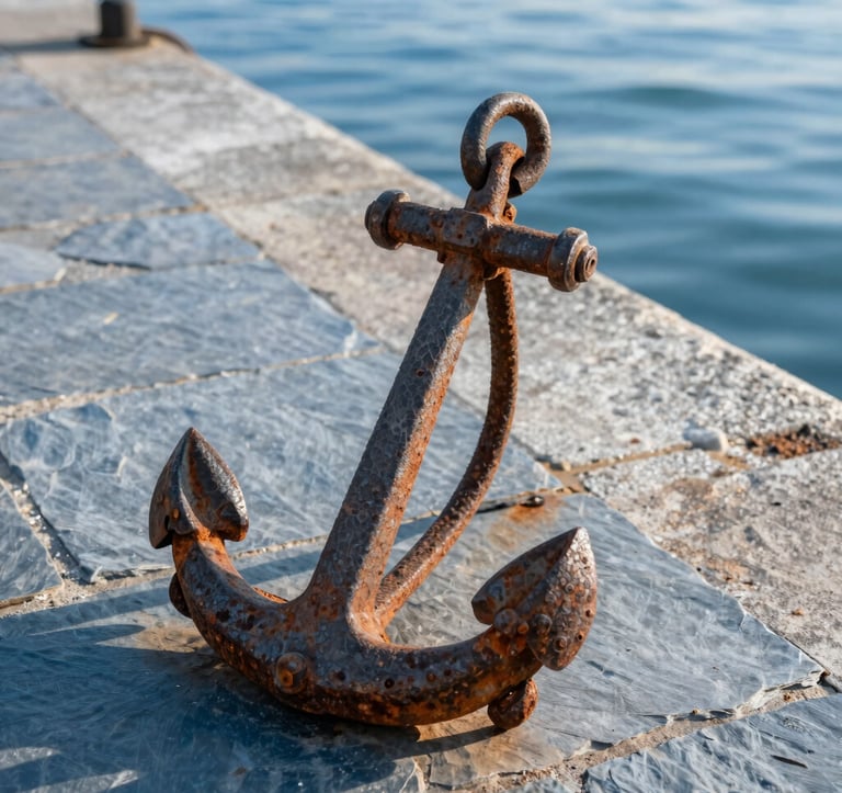 A detailed close-up photograph of a vintage anchor resting near the waterfront. The texture of the rusted iron contrasts with the clean, modern soft slate blue stone of the pier. The lighting is bright and inspiring, typical of a clear morning.