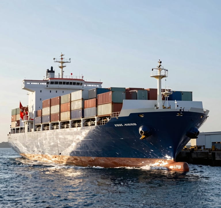 A high-contrast photograph of a massive white and Midnight Navy Blue container ship gliding through the port channel. The sun is high, making the Soft Frost White hull gleam against the Slate Blue water.