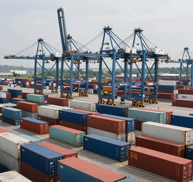 A high-angle shot of the container terminal. Rows of colorful shipping containers are stacked neatly, with giant slate blue gantry cranes standing tall above them. The composition is clean and modern, emphasizing operational efficiency.