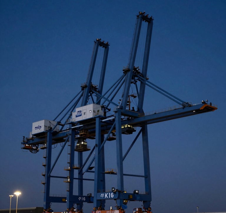 A dramatic, low-angle shot of modern gantry cranes towering over the docks. The cranes are colored in steel blue against a dark navy blue twilight sky, with clean lines and a sophisticated, powerful atmosphere.
