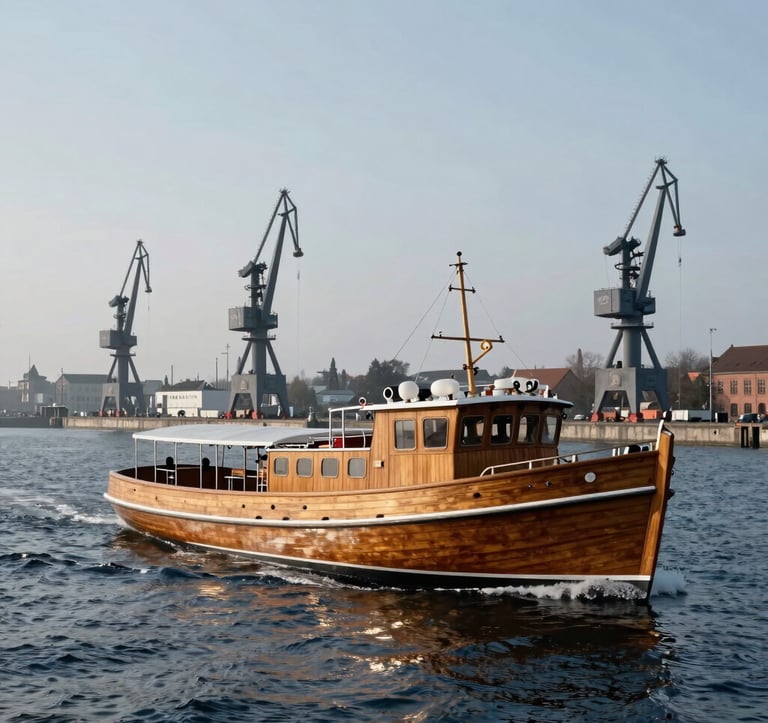 A medium shot of a classic wooden tour boat sailing through the harbor. The water is a deep navy with soft slate blue ripples. In the background, the iconic Gdansk shipyard cranes rise elegantly into a pale mist sky.