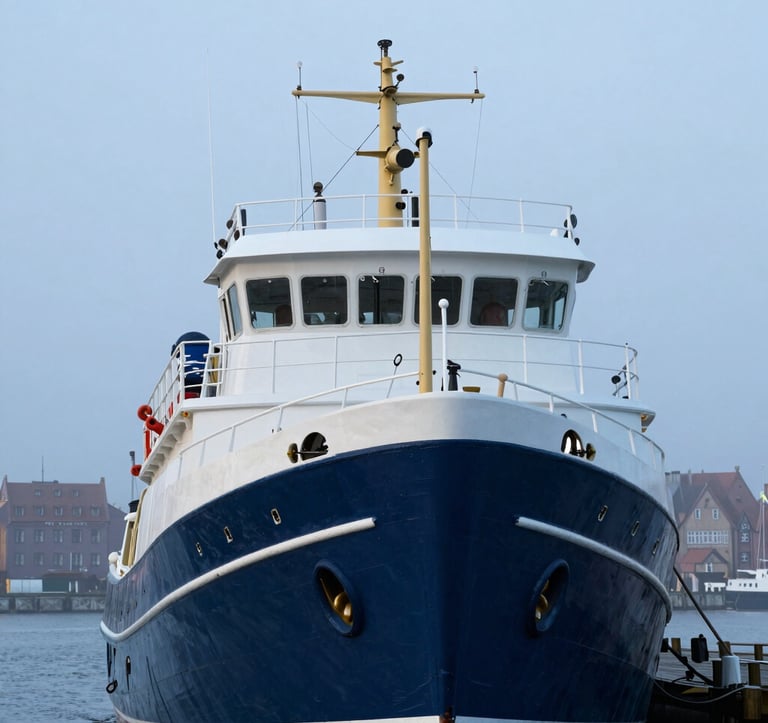 A striking close-up of a classic harbor vessel in Gdansk, its hull painted a deep navy blue with cloud white trim. The background shows the misty blue outlines of the historic port district under soft, elegant lighting.