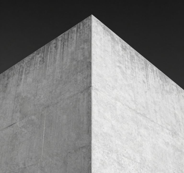 A high-contrast black and white photograph of a sharp, concrete architectural corner against a dark sky. Minimalist and precise composition. North American business aesthetic.
