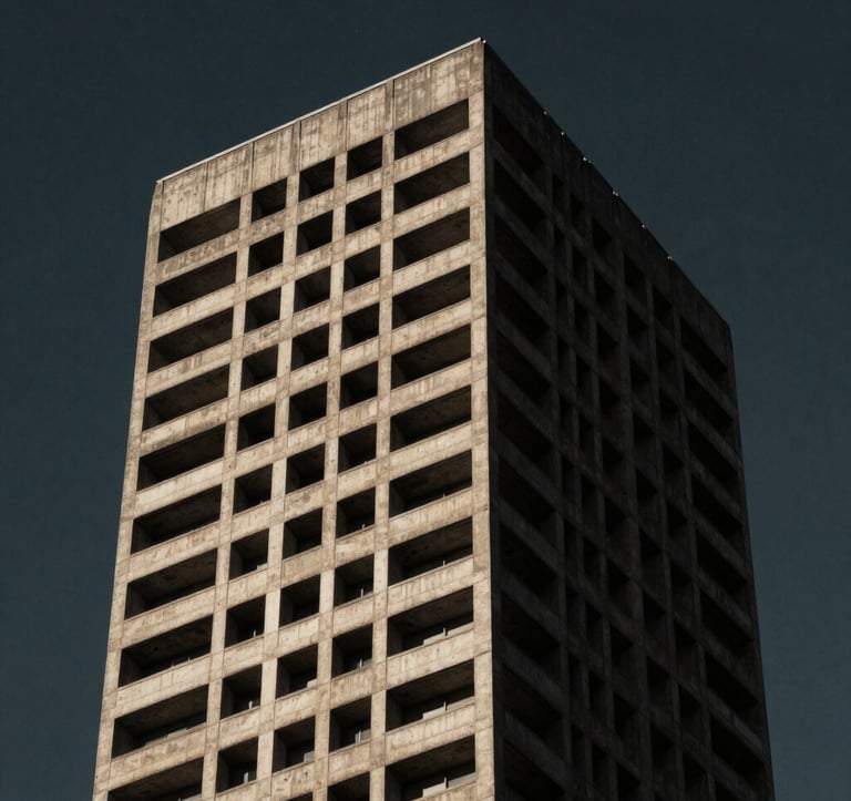 Architectural detail of a brutalist concrete tower against a dark sky, deep shadows and sharp highlights, North American / International Business style, minimalist and powerful.