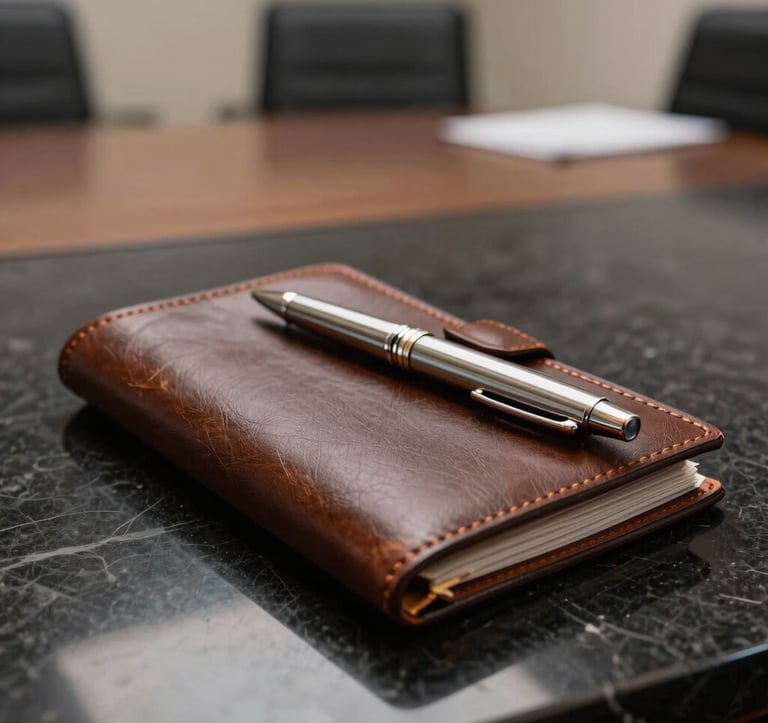 A close-up, sharp-focus photograph of a high-end leather portfolio and a premium metallic pen on a black marble table. The background is a blurred North American executive boardroom. Muted lighting.