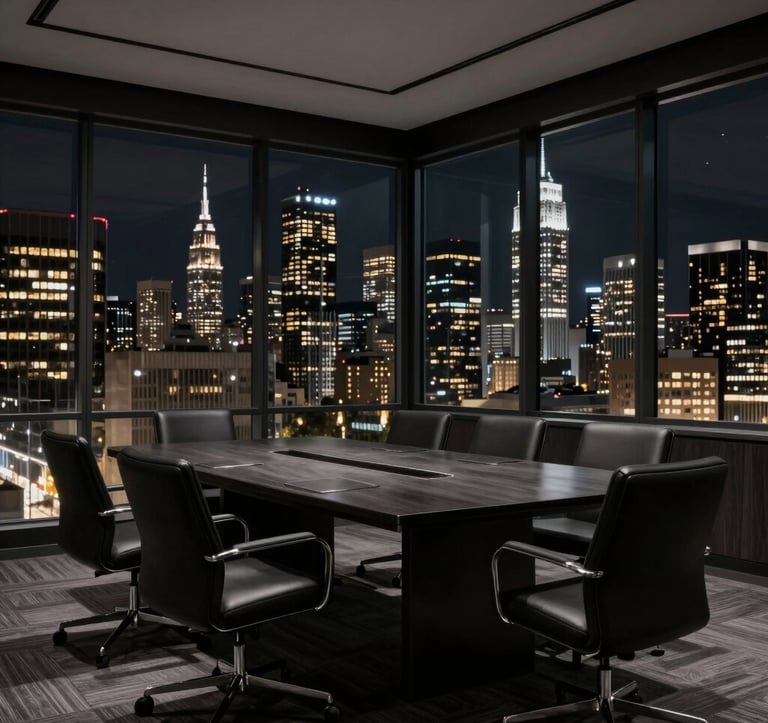 An interior shot of a sophisticated, dark-toned boardroom with deep black furniture and large glass windows overlooking a North American / International Business skyline at night. The lighting is low and focused, using charcoal gray and muted gold accents.