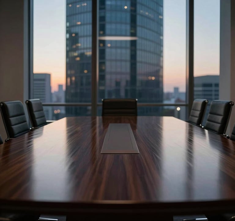 High-end architectural photography of a dark boardroom table in a high-rise office at dusk, cinematic light reflecting off polished wood, North American / International Business atmosphere, minimalist and precise.