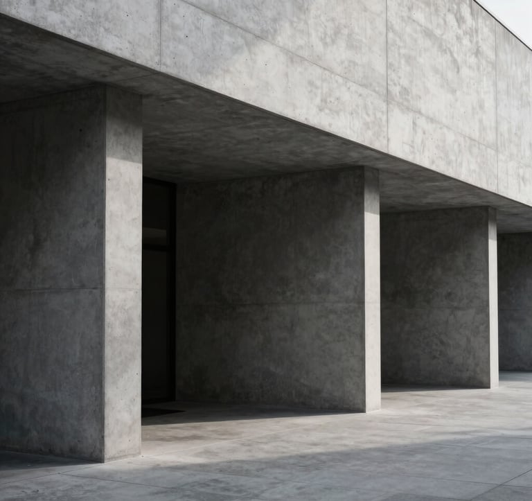 A minimalist, architectural shot of a concrete corridor in a modern North American business center. High contrast between light and shadow, emphasizing clean lines and structural integrity. Muted gray and black tones.