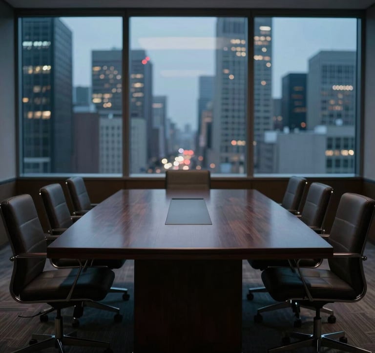 A dimly lit boardroom in an international financial capital. A single, dark wooden table with no objects. Large windows overlooking a blurred city at night. Cinematic and cold.