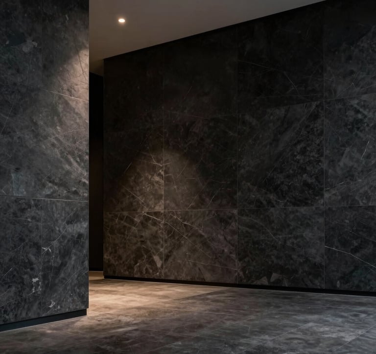 The interior of a high-end minimalist lobby with dark stone walls and a single point of light. Architectural and calm. North American / International Business context.