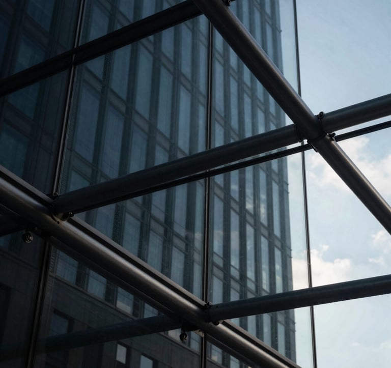 An abstract close-up of dark glass and steel. Reflections of light forming geometric patterns. Precise and sharp. Professional international business mood.